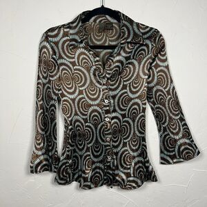 Sere Nade Brown Turquoise Swirl Top Button Front Retro y2k Blouse Indie Size S